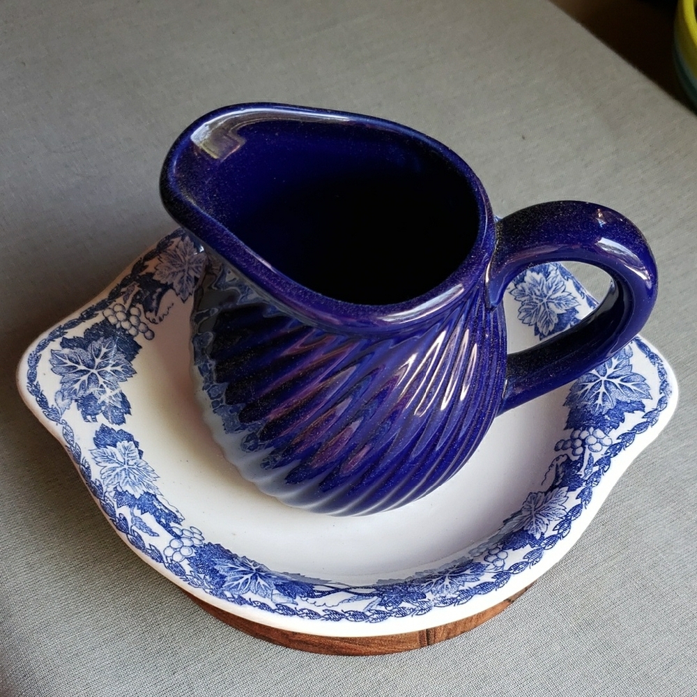 Blue and White Ceramic Mini Pitcher and Bowl Vintage Set